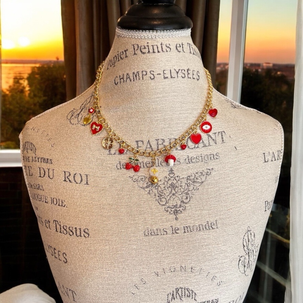 Gold Toned and Red Charm Necklace Enamel Glass Ceramic Crystal 20” - Picture 13 of 17